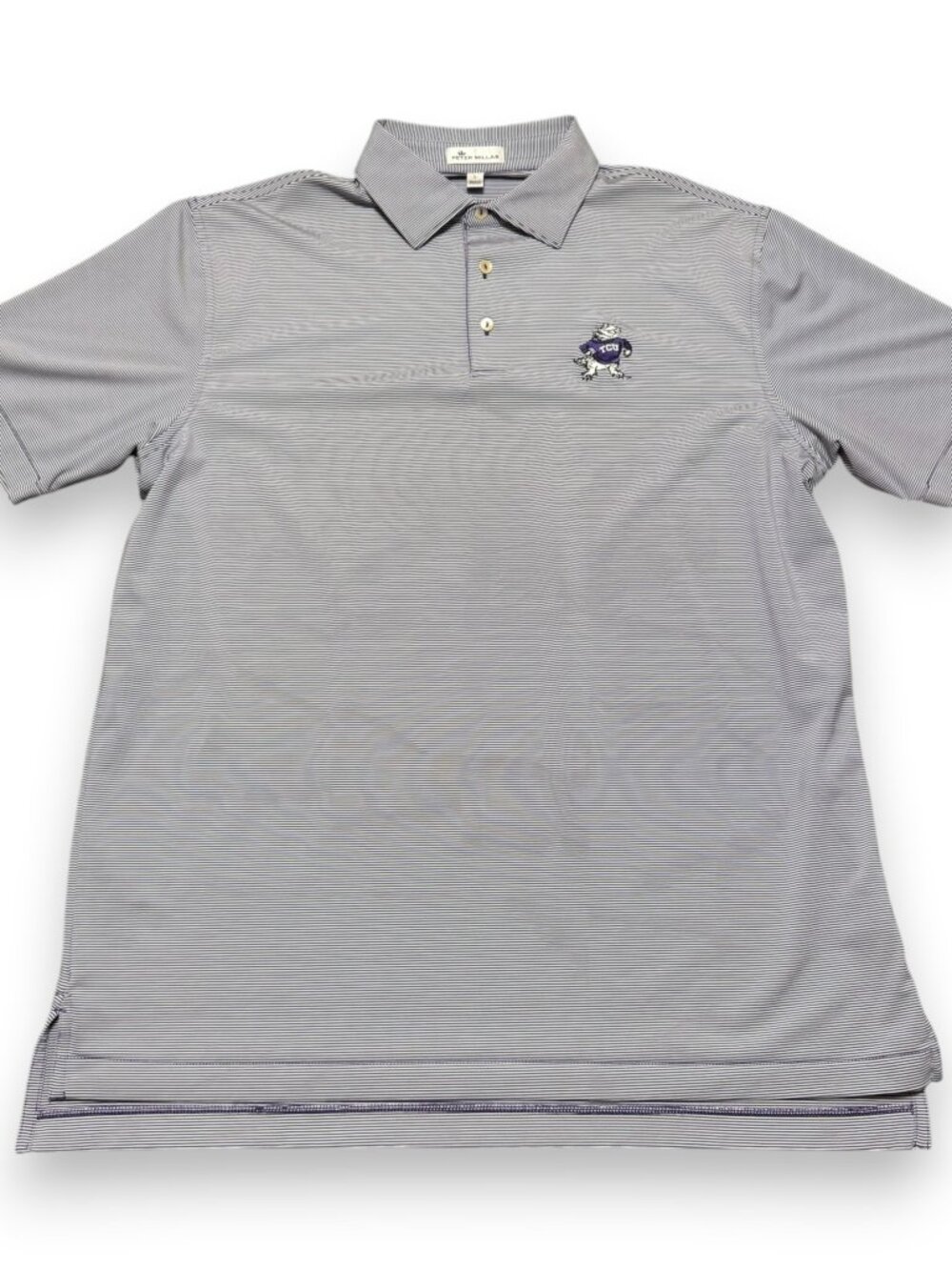 TCU Horned Frogs Men's Peter Millar Purple Microstripe Fighting Frog Polo Size L